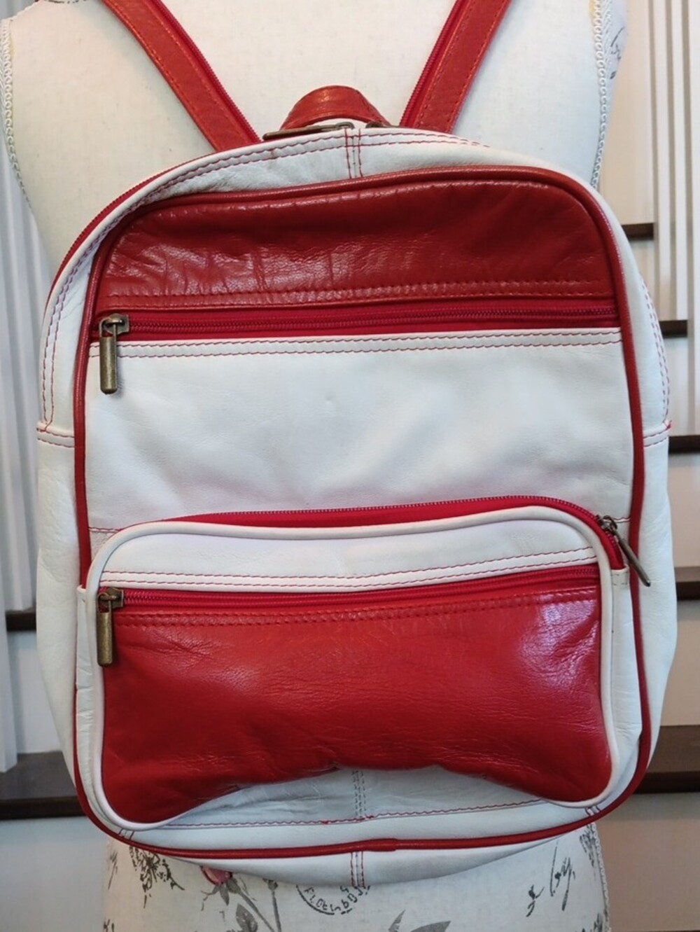 + Vintage Red and White Leather Backpack Tote